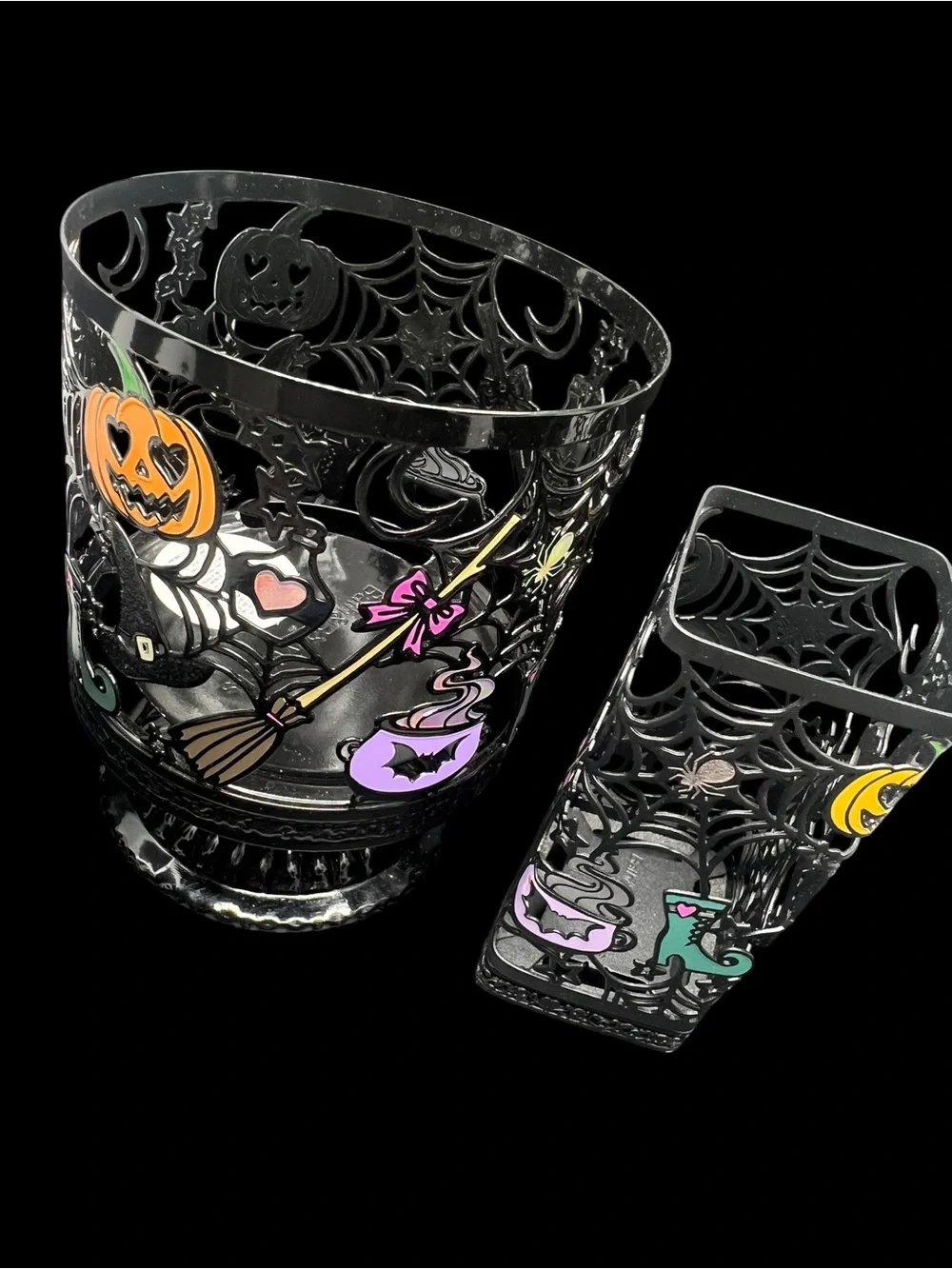 Halloween Witch Decorative Candle Holder - Black with Orange, Purple & Green